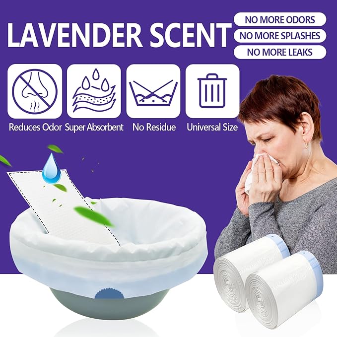 Senvok Commode Liners with Highly Absorbent Pads - 60 Pack | Lavender Scent | Leak-Proof Medical Grade Disposable Liners for Bedside Commode & Adult Toilet Care