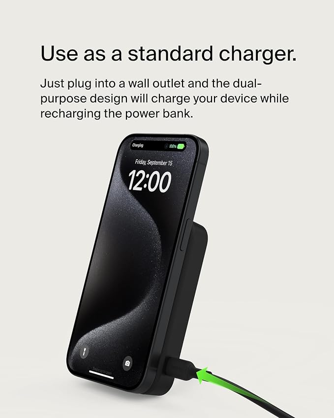 Belkin Portable Charger, Wireless Power Bank 15W 8000 mAh w/ Qi2 - MagSafe Charger w/Built-in Pop-up Kickstand - Compatible w/iPhone 17, Air, Pro, Pro Max, Google Pixel 10, etc. - Black