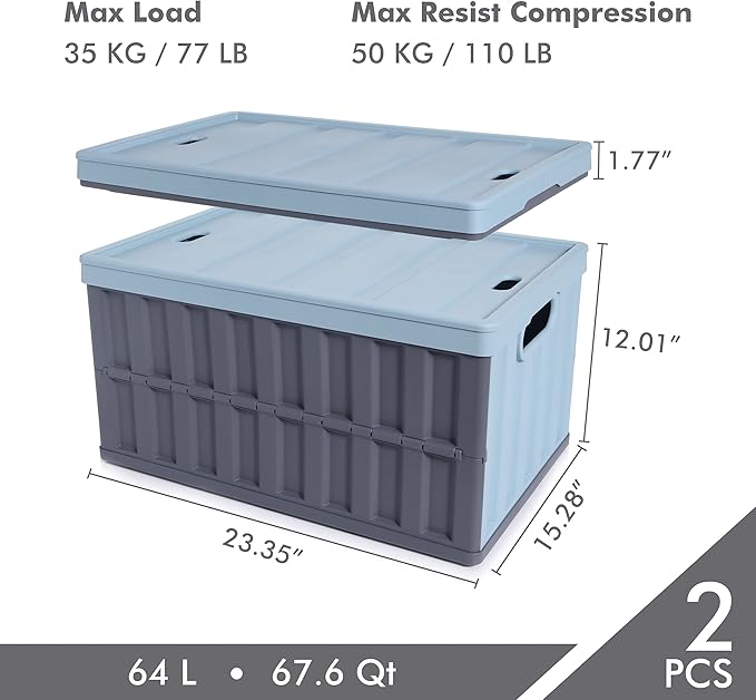 Citylife 64L Collapsible Storage Bins with Lids Plastic Storage Containers for Organizing Stackable Storage Box Large Heavy Duty Utility Crates, 2 Packs