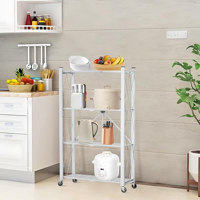4 Tier Foldable Storage Shelf with Wheels, Heavy Duty Folding Shelf Loads 600 LBS, Metal Steel Collapsible Shelves, Rolling Standing Utility Rack for Kitchen, Pantry, Office, White