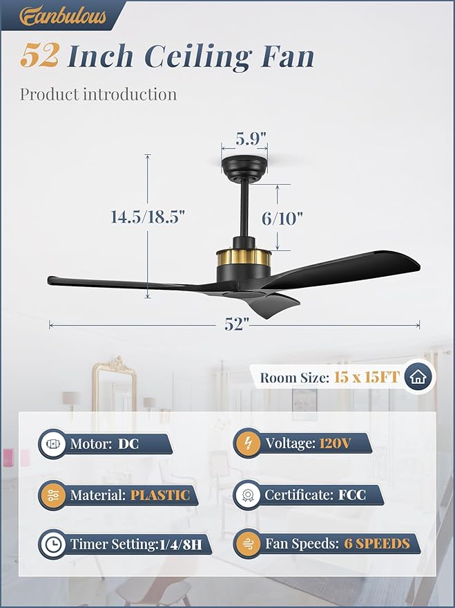 52" Ceiling Fans without Lights, Flush Mount Ceiling Fan with Remote Control,Modern Outdoor Ceiling Fans with 2 Downrods 6-Speeds Reversible DC Motor for Patio Bedroom Living Room