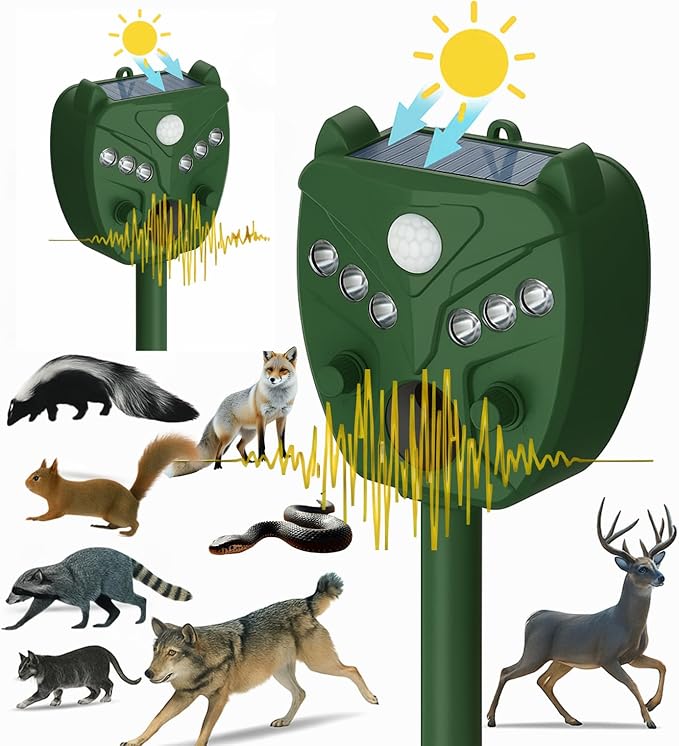 2 Pack NAVISOVL Solar Ultrasonic Animal Repellent Outdoor Cat, Squirrel, Deer Repeller, Motion Sensor&Flashing Light, Repel Dogs,Boar,Deer,Fox,Raccoon,Skunk,Rabbit,Bird Deterrent for Yard&Farmland