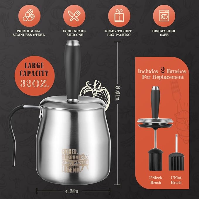 32 OUNCE BBQ Basting Pot with 2 Replaceable Brushes，Grilling Gifts for Men&Dad，Stainless Steel 304 Barbecue Sauce Pot Brush Set，Airtight Melting Pot Sauce Container，Birthday Gifts for HIm Dad Husband