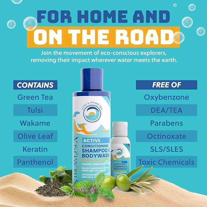 STREAM 2 SEA 3 in 1 Shampoo Body Wash and Conditioner, Reef Safe, All Natural and Organic Camping Shampoo and Liquid Soap, Skin and Hair Care for Men and Women, Sulfate and Paraben Free, 32 oz