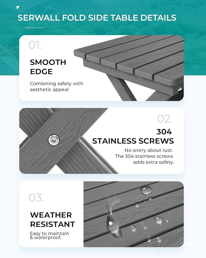 SERWALL Small Folding Side Table, HDPE Outdoor End Table for Patio, Porch, Deck, Pool, Gray