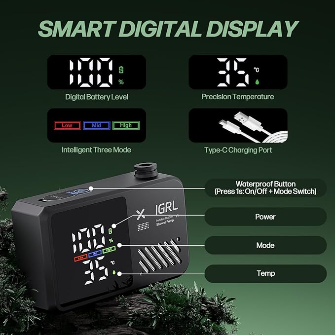 Portable Shower for Camping, Powerful 10L/Min Water Flow, Rechargeable Shower Pump with Bath Sponge, 4 Spray Modes, IPX8 Waterproof, 7800mAh Battery, Ideal for Hiking, Travel, Car Wash, Pet