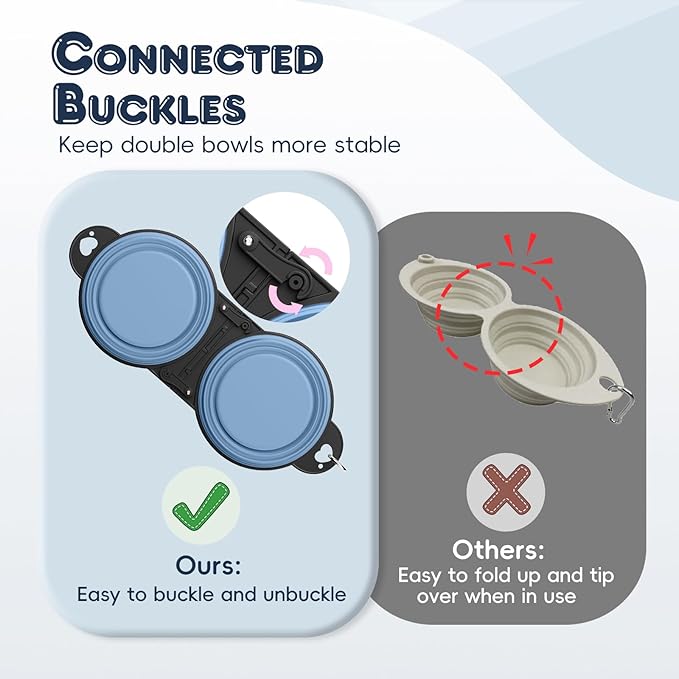 Pawaboo 2-in-1 Collapsible Dog Bowls, Dual Puppy Food and Water Bowls, 180° Flip Over Portable Silicone Dog Bowl with Metal Hook, 450ml Pet Travel Feeder Bowl for Walking Hiking Camping, Morandi Blue