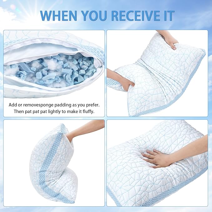 Shredded Memory Foam Pillow, Bed Pillows for Sleeping on Back, Stomach and Side Sleeper, Adjustable Pillows with Washable Cover (Standard - 2 Packs)