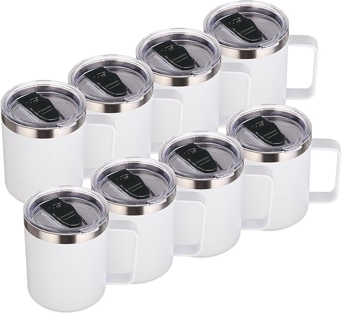 Volhoply 14oz Insulated Stainless Steel Coffee Mug with Lid Bulk 8 Pack,Not Suitable for Sublimation,Double Wall Vacuum Travel Coffee Cup with Handle, Reusable Metal Camping Mugs Keep Cold(White,8)