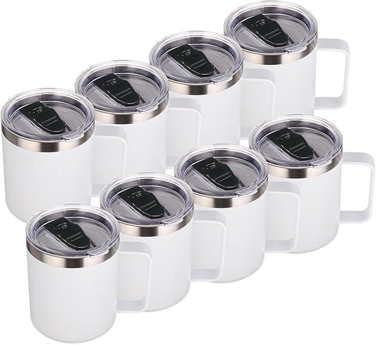 Volhoply 14oz Insulated Stainless Steel Coffee Mug with Lid Bulk 8 Pack,Not Suitable for Sublimation,Double Wall Vacuum Travel Coffee Cup with Handle, Reusable Metal Camping Mugs Keep Cold(White,8)