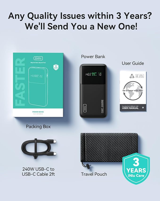 INIU 140W Power Bank, Compact 25000mAh High Capacity Laptop Portable Charger, USB C in&Out Tablet Powerbank, Smart Digital Display Phone Charger for iPhone 17 16, Samsung, iPad, MacBook, Laptop etc.