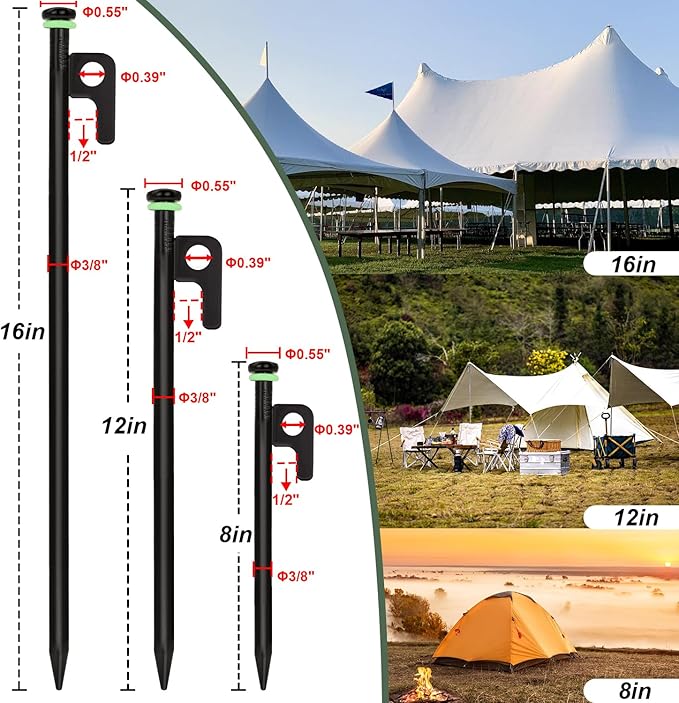 32Pcs Tent Stakes, 8in Heavy Duty Tent Stakes with Storage Pouch, Forged Steel Tent Sakes Metal, Metal Stakes for Tent Used on Grassland, Snowfield, Dessert(32Pcs, 8in, Diameter 3/8")