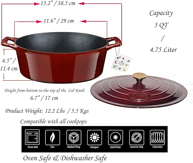 La Cuisine Enameled Cast Iron Oval Dutch Oven Casserole Dish Pot with Lid 5 QT Internal Matte Black Enamel Coating, Cranberry, Gold-Plated Stainless Steel Lid Handle, Oven Safe