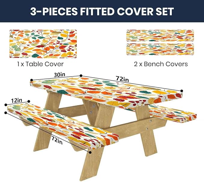 CAPSCEOLL Fitted Picnic Table Cover with Bench Covers with Elastic 6Ft Waterproof Camping Picnic Table Cover Cloths for Outdoors Camping Tablecloth with Drawstring Bag, 72X30in, Fall Leaves