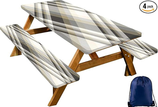 CAPSCEOLL Elastic Picnic Table Cover with Bench Covers 5Ft Waterproof Fitted Picnic Table Cover Cloths for Outdoors Camping Tablecloth with Drawstring Bag, 60X30in, Grey White