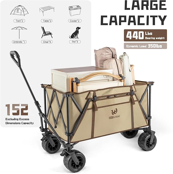 Whitsunday Collapsible Heavy Duty Wagon with All Terrian Wheel, 440Lbs Foldable Utility Camping Park Wagon Cart with Table for Beach