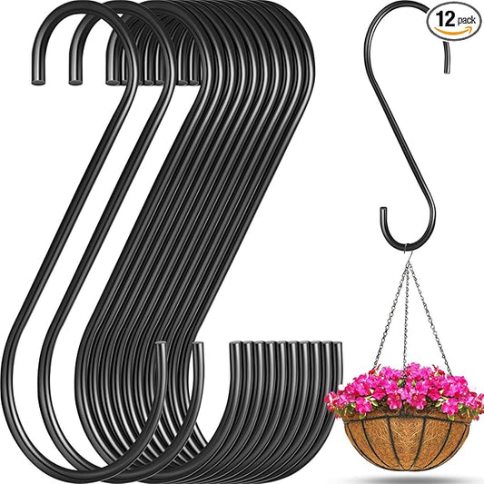 12 Pack Large S Hooks for Hanging Plants Black Metal Plant Hanger Outdoor Hanging Tree Hooks for Branch, Bird Feeder, Basket, Lantern, Indoor Closet Garden (12 Inch)