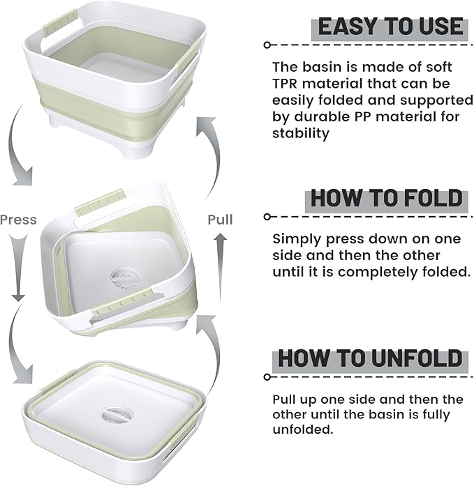 Collapsible Dish Basin, 9L Capacity, Portable Sink for Kitchen, Camping, RV, Gray (Green)