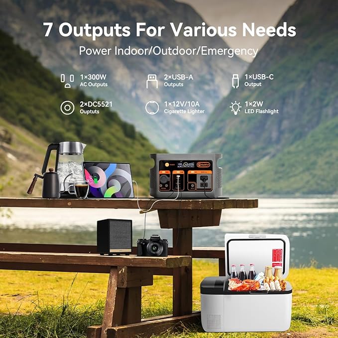Flashfish 300W Portable Power Station - 179Wh LiFePO4 Battery, 600W Surge, Pure Sine Wave AC Outlets, 60W USB-C PD, 2xUSB-A, DC & Car Ports, LED Light, Solar Generator for Camping&Emergencies