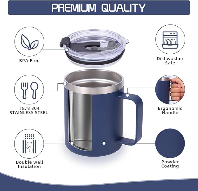 Volhoply 12oz Insulated Leakproof Coffee Mug with Flip & Straw Lid Bulk 8 Pack,Double Wall Vacuum Stainless Steel Travel Tumbler Cup with Handle,Reusable Camping Keep Cold/Hot(Navy,8 Set)