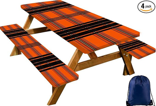 CAPSCEOLL Fitted Picnic Table Cover with Bench Covers with Elastic 8Ft Waterproof Picnic Table Cloths Windproof Outdoor Camping Tablecloth with Drawstring Bag, 96X30in, Orange Plaid