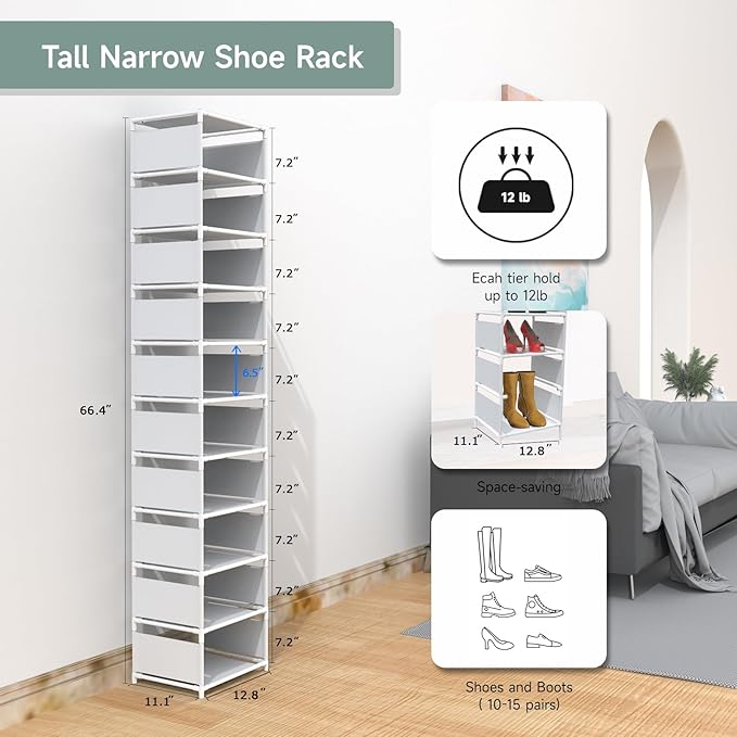 Narrow Shoe Rack, 10 Tier Vertical Shoe Rack for Closet Entryway, White Tall Slim Shoe Tower for Small Spaces, Shinky Shoe Organizer, Space Saving Corner Shoe Shelf
