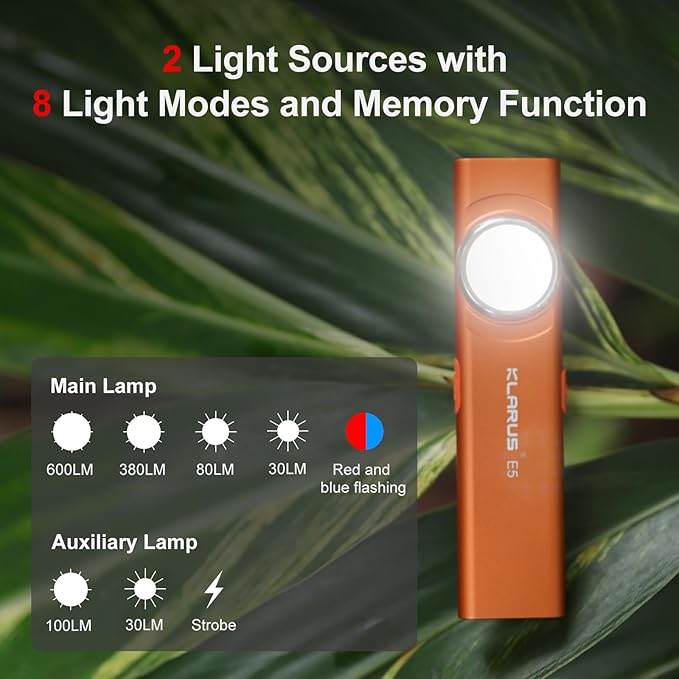 klarus E5 2Pcs Pocket Flashlight, Rechargeable EDC Flashlight, Super Slim 4.2x1x0.3inch, 600 Lumens, USB-C Port, IPX4, Dual Light Source with Magnetic Base, Hat & Clothes Clip