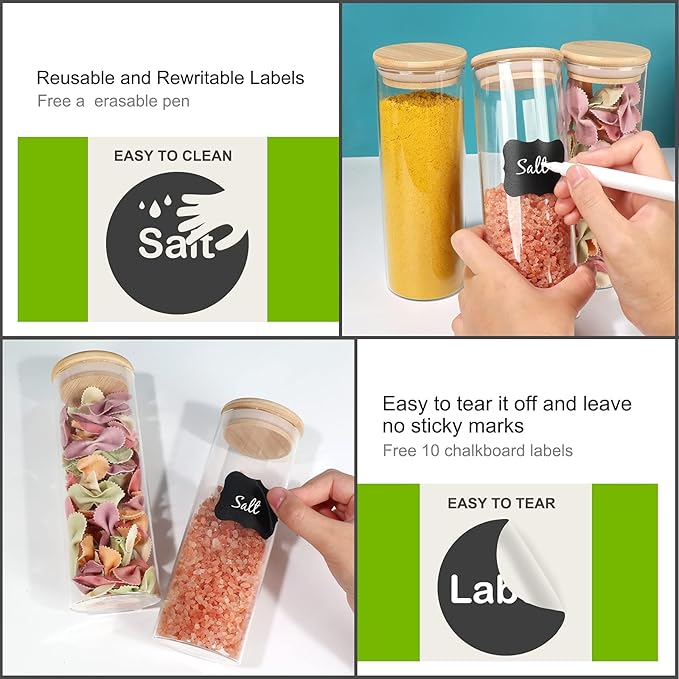 Glass Food Storage Containers Jars with Airtight Bamboo Lid 14 oz 10 pcs, 450 ml Pantry Organization Jar, Glass Terrarium with Lid, Spice, Flour and Sugar Container, Canister Set for Kitchen Counter