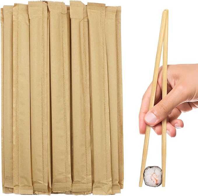 Disposable Bamboo Chopsticks (Approx.100 sets),Japanese Chopsticks,9.25'' Long Chopsticks Disposable,Individually Full Kraft Paper Wrapped Chinese Chopsticks