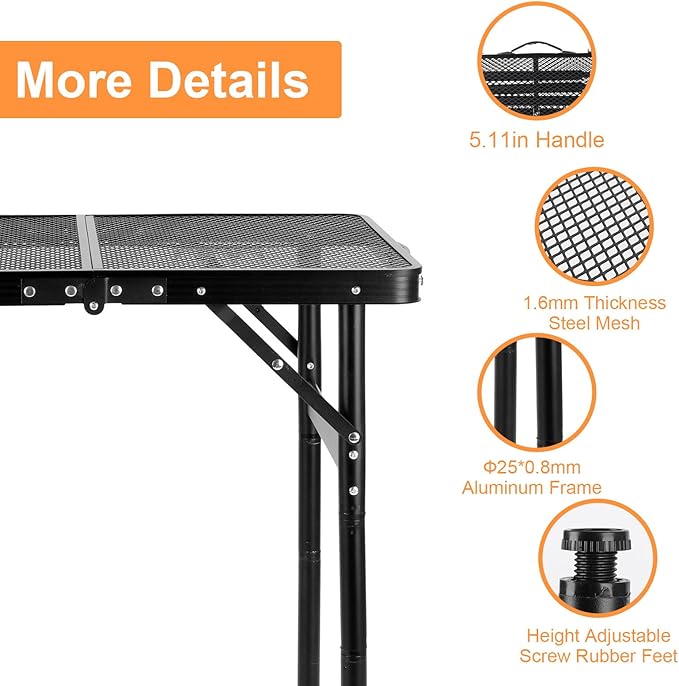 Camping Table Grill 4 Height Adjustable Small Folding 2FT Foldable Picnic Portable Grill Stand Mesh Outdoor Beach BBQ RV Black