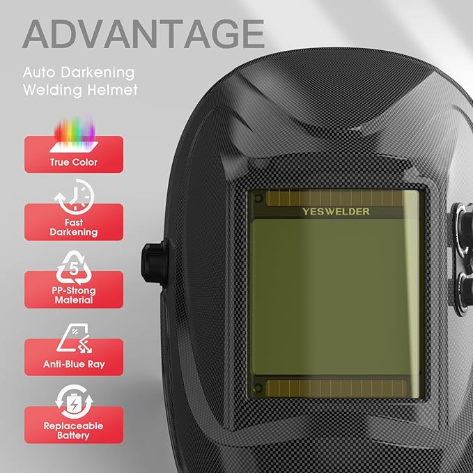 YESWELDER Large View Auto Darkening Welding Helmet, Blue Light Blocking, 1/1/1/1 True Color Solar Powered Welder Hood Mask with 4 Arc Sensors, Wide Shade 3/5-9/9-13 for TIG MIG ARC Cut and Grind