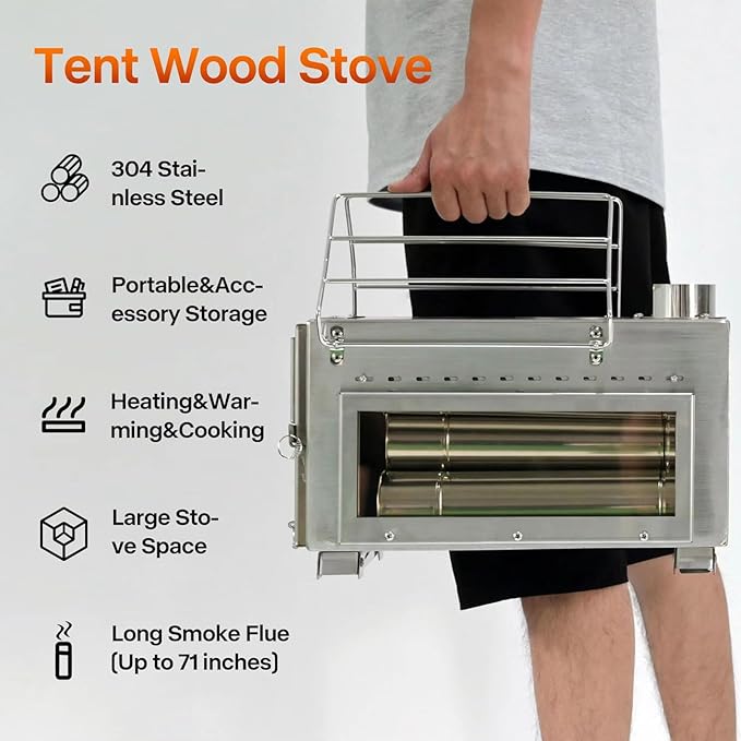 Portable Camping Wood Stove with View Glass and Cooking Function, 8 Stainless Steel Chimneys for Shelter, Hunting, Outdoor Cooking, and Heating (304 Stainless Steel)