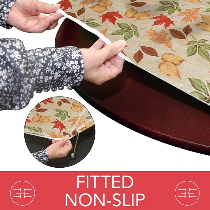 LAMINET Elastic Fitted Table Cover - All-Over Leaves - Small Round - Fits Tables up to 44 Diameter