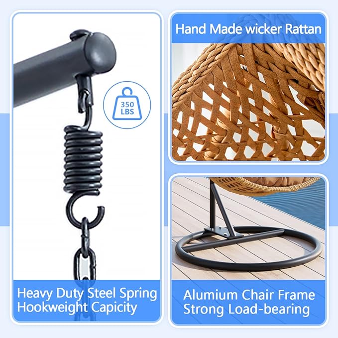 JUFU Egg Swing Chair with Stand,Hanging Egg Chair Indoor Outdoor,Hammock Hanging Basket Chair with Aluminum Steel Frame，Patio Egg Chair with Removable Cushions for Patio Balcony Backyard,Bedrooms