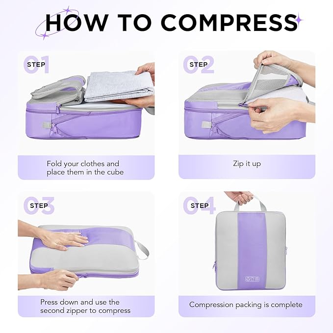 10 Set Compression Packing Cubes for Travel Essentials,Compressible Expandable Packing Cubes for Suitcase,OlarHike Luggage Organizer Bags for Travel,Handy Helper for Organizing Clothes(Light Purple)