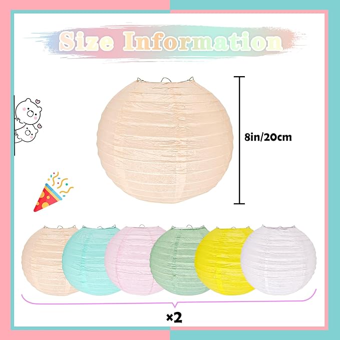 12Pcs 8" Colorful Pastel Paper Lanterns for Classroom Spring Children's Room Mother's Day Baby Shower Wedding Birthday Party Decorations, Macaron Rainbow Pastel Classroom Decor (8 inch)
