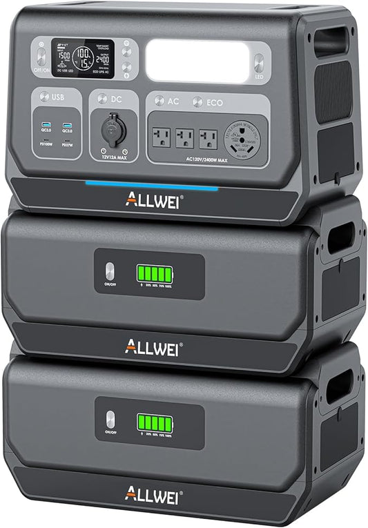 ALLWEI 2400W Portable Power Station and 2x B200 PRO Expansion Battery, 6144Wh LiFePO4 Battery 4 AC Outlets Up to 2400W for Home, Outdoor Camping, RV, With 1500W AC Charging &1200W Solar Charging