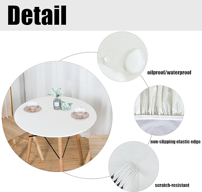 LUSHVIDA Round Waterproof Table Cover Elastic Vinyl Fitted Tablecloth Elastic Edged Plastic Table Cloth (Ivory, Best for Up to 36"-44" Round)