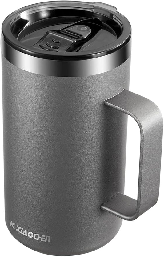 KXIAOCHEN 20oz Insulated Coffee Mug with Lid, Stainless Steel Coffee Cup, Double Wall Vacuum Coffee Tumbler with Handle, Premium Thermal Travel Coffee Mug (Silver grey)