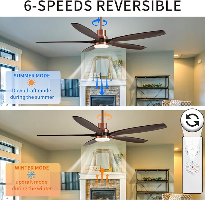 60" Ceiling Fan with Light and Remote,Reversible DC Motor,6Speed,Modern Natural Wood Ceiling Fan with Dimmable LED for Outdoor Patios Bedroom Living Room,Black Walnut and Red Brass