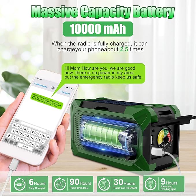 10000mAh Emergency Hand Crank Radio with LED Flashlight, AM/FM NOAA Portable Weather Alert Radio, Solar Powered Radio with Phone Charger, USB Charged, Headphone Jack, SOS Alarm, Compass for Outdoors