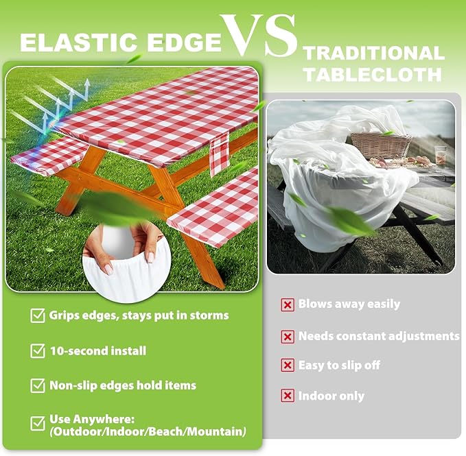 Picnic Table Cover with Bench Covers Vinyl Elastic Edges Fitted Rectangle Seat Tables Waterproof 3-Piece96X30in Set Outdoor Rectangular Folding Backing Tablecloth for Camping Over SizeTie-Dye 100
