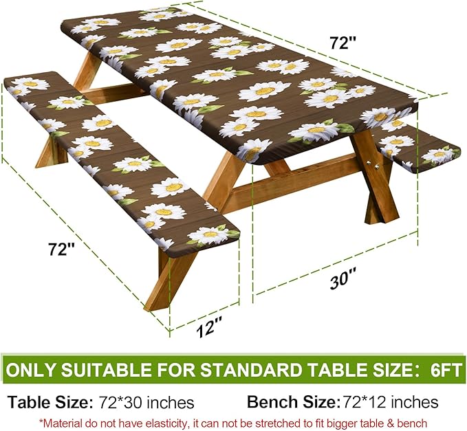 Picnic Table Cover with Bench Covers Camping Essentials Waterproof Windproof Camping Tablecloth with Drawstring Bag, Fitted Rectangle Tables and Seats, 72in, Brown