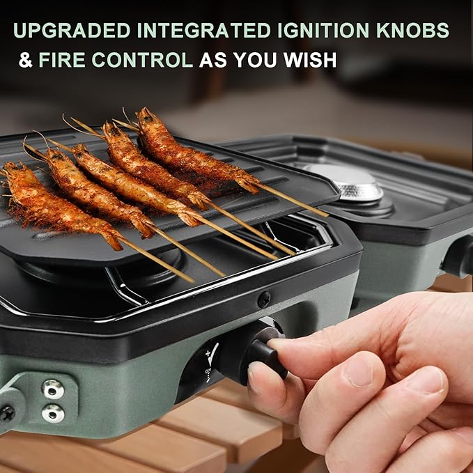 2 Burner Propane Camping Stove with Grill, 16000 BTU Portable Propane Camp Stove with 2 Adjustable Burners & Piezo Ignition, for Camping, Home Backyard, Frying Turkey, Green