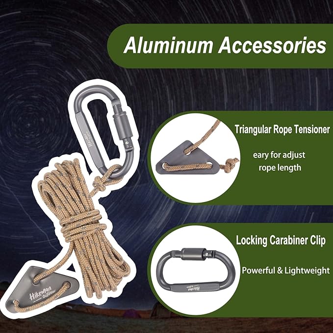 Hikeman 4 Pack Camping Rope with Locking Carabiner Clip,4mm Reflective Guy Lines with Triangular Guyline Adjuster Tensioner,Nylon Cord for Tent Tarp Tie Down,Hiking,Backpacking (White)