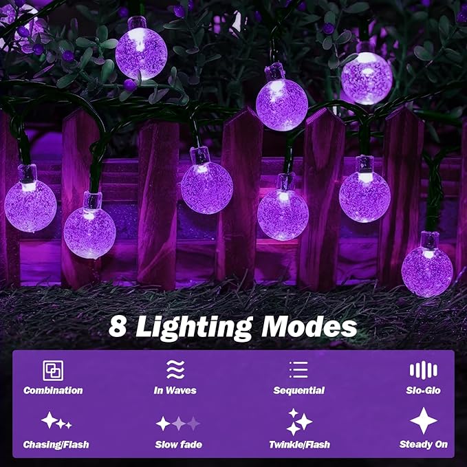 Solar Lights Outdoor Waterproof, 2 Pack Total 120LED 72FT Solar String Lights for Outside with 8 Modes, Outdoor String Lights Crystal Globe Patio Lights for Garden Yard Party Decor (Purple)