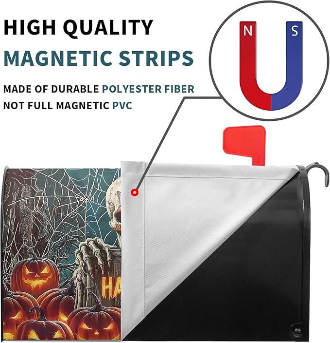 Happy Halloween Skeleton Mailbox Cover Magnetic Large Size 25.5x21 inch Spooky Pumpkin Full Moon Post Letter Box Wrap Happy Holiday Dust-Proof Postbox Covers Protection for Home Outdoor Garden Yard