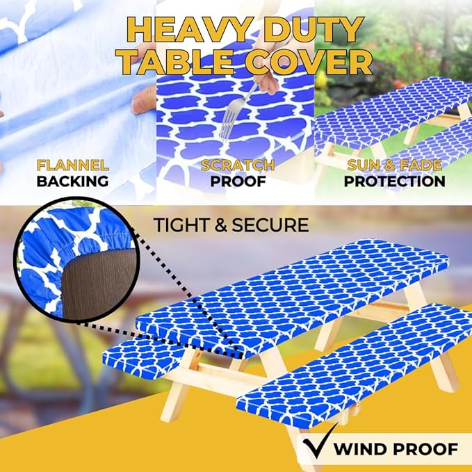 RNOONY 6ft Vinyl Picnic Table Cover with Bench Covers with Carrying Bag, Camping Essentials Tablecloth Waterproof and Windproof with Elastic Edge. Perfect for Indoors and Outdoors Blue 72x30 inches