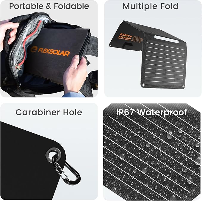 [Upgraded] FlexSolar 20W Portable Solar Panel, High Efficiency ETFE Foldable Panels with 5V USB A/USB C Ports, IP67 Waterproof Power Emergency Solar Charger for Phone Power Bank Camping Backpacking