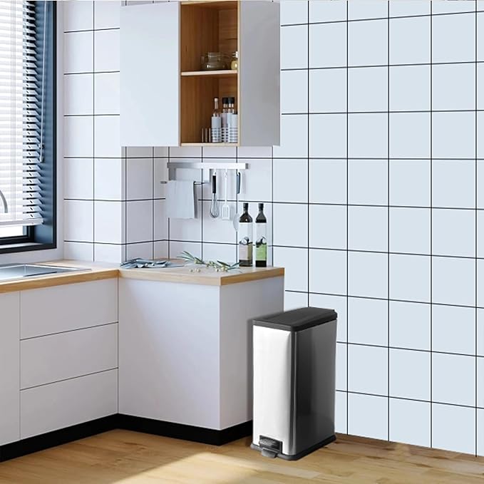 12 Gallon Trash Can with Lid，45L Kitchen Garbage Can,Stainless Steel Trash Can for Narrow Spaces with Soft-Close Lid, Inner Bucket, and Step-on Pedal
